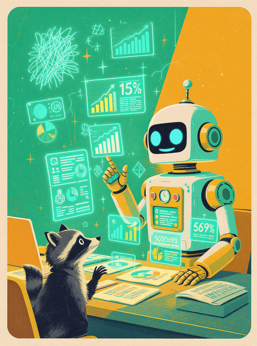 Cartoon robot turning messy data into clear charts, illustrating how AI agents simplify data analysis and reporting.