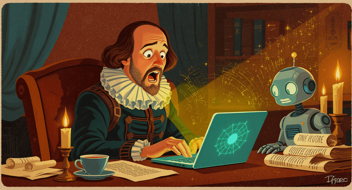 Cartoon of Shakespeare reacting to a robot editing his writing, humorously showing AI improving even the Bard’s over-complicated drafts.
