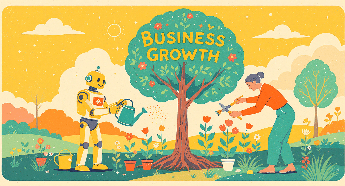 Cartoon of robot and human tending a shared garden, representing humans and AI agents working side by side for productivity and growth.
