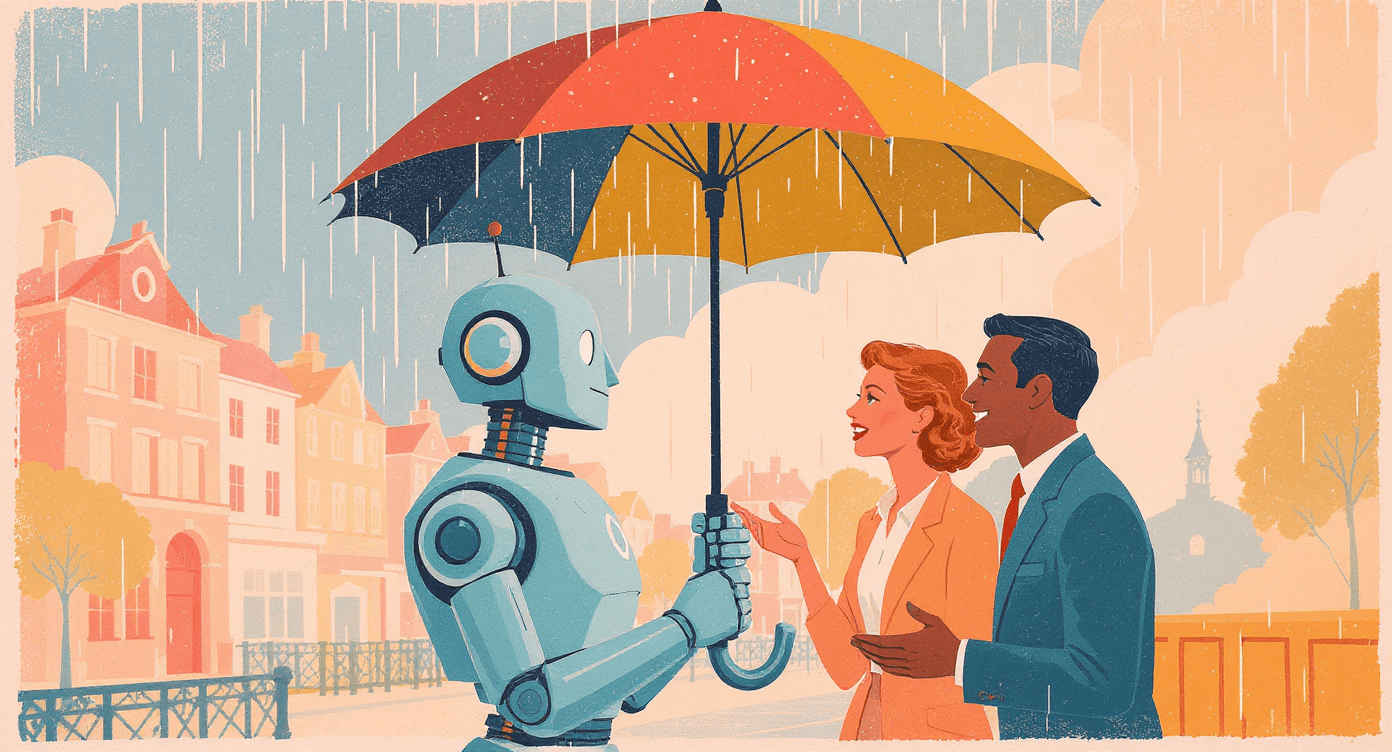 Cartoon robot shielding people from rain while they talk, representing AI tools supporting the relationships that humans build.
