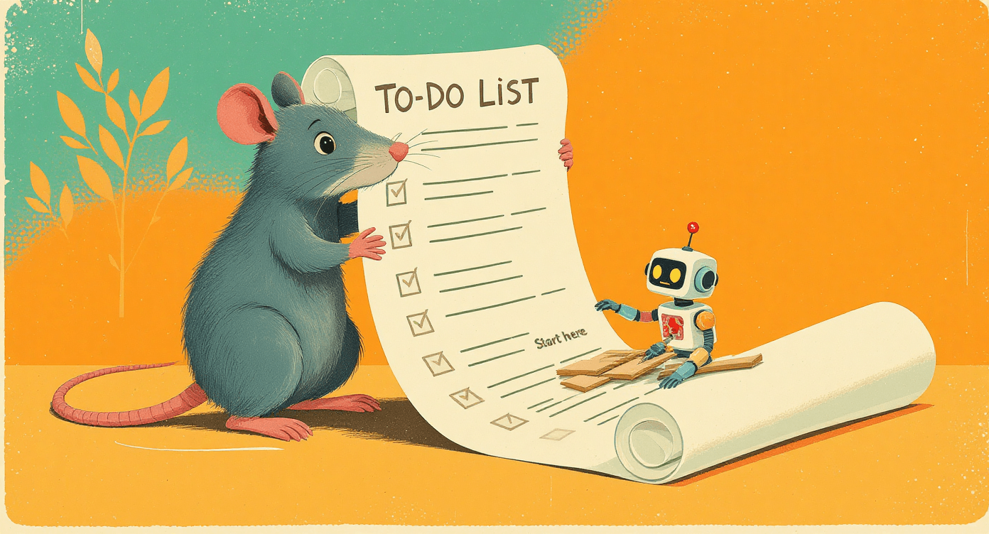 Cartoon rat with oversized to-do list while AI robot narrows it to one simple action, illustrating the first step in adopting AI agents.