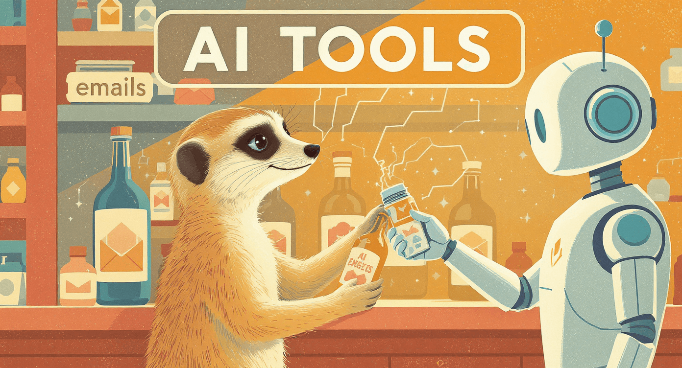 Cartoon meerkat choosing the right AI tool from a shelf with help from a robot, symbolising picking the best tool for each task.