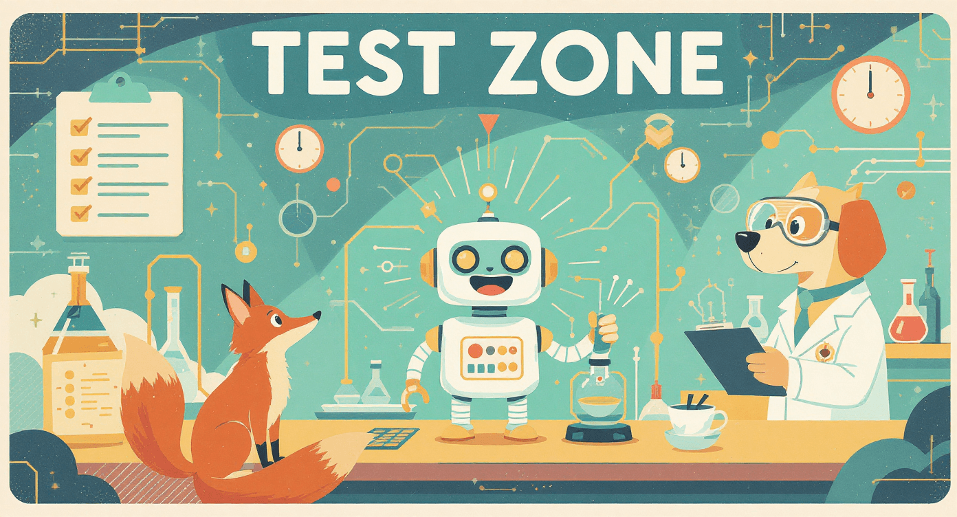 Cartoon dog testing an AI agent’s performance in a safe environment, symbolising trial and observation during early automation setup.