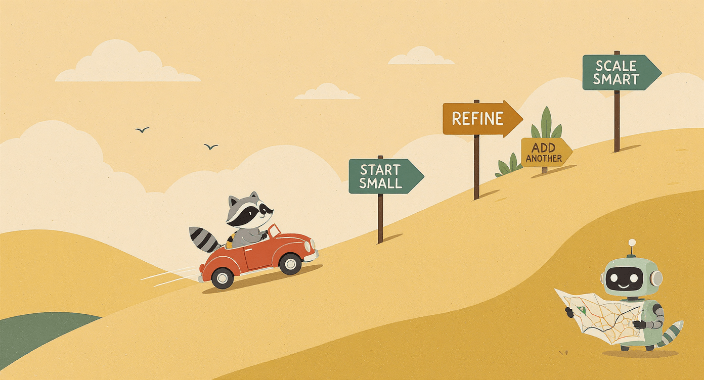 Cartoon raccoon and robot driving up a milestone hill, illustrating the process of scaling AI agents carefully and intentionally.