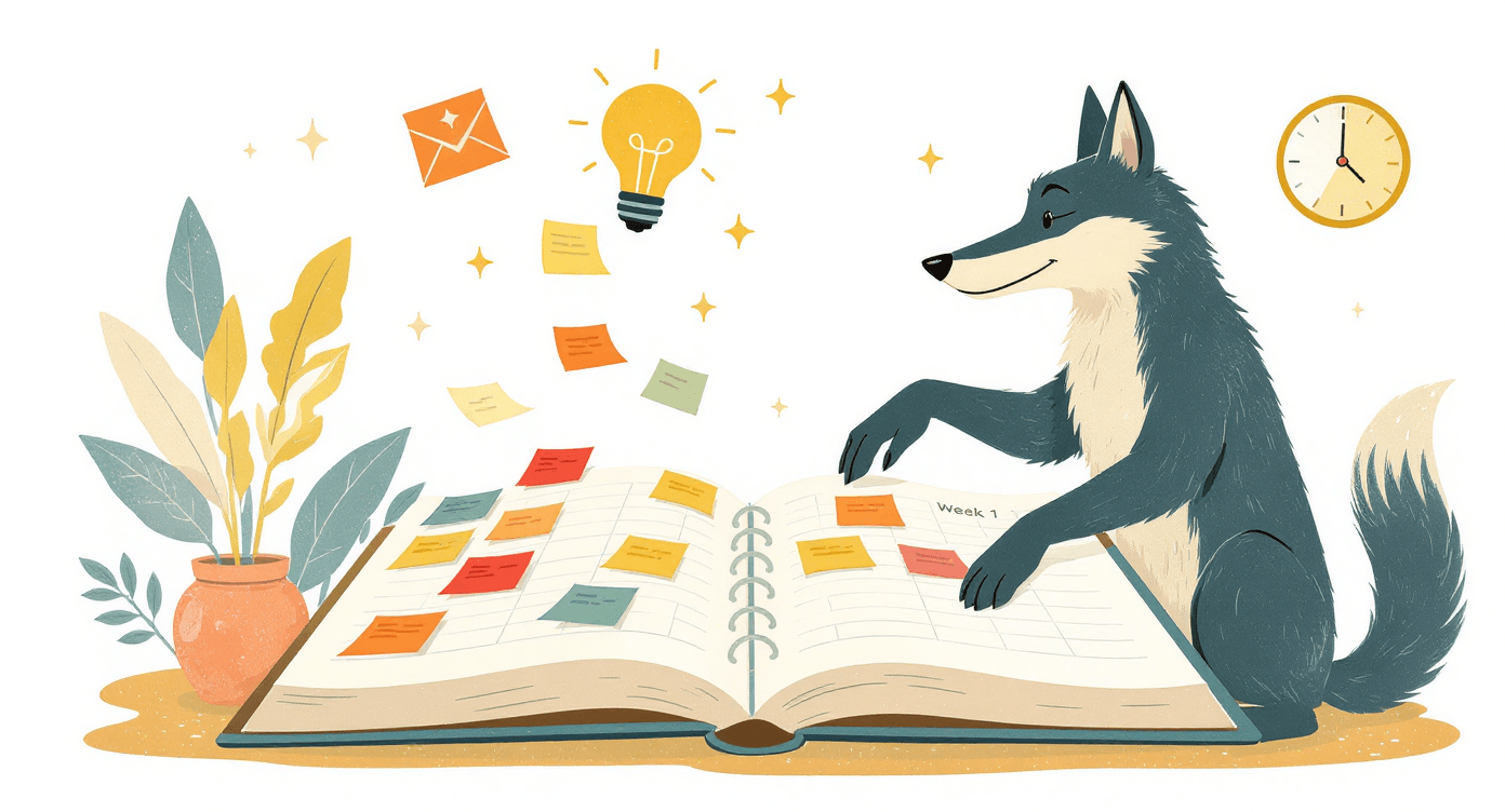 Cartoon wolf business owner planning a weekly schedule, symbolising structured AI-assisted productivity.