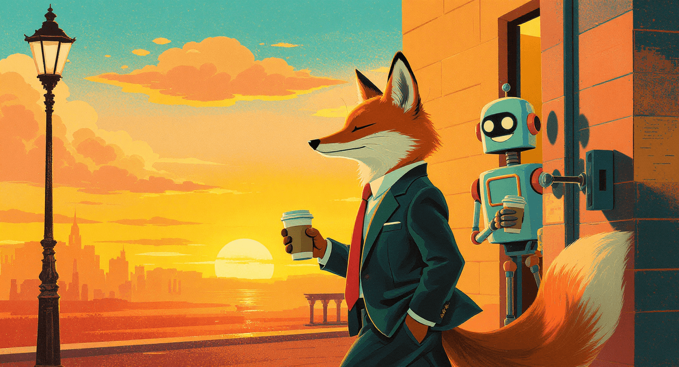 Cartoon business owner and AI robot finishing work early together, symbolising how automation gives time back to people.