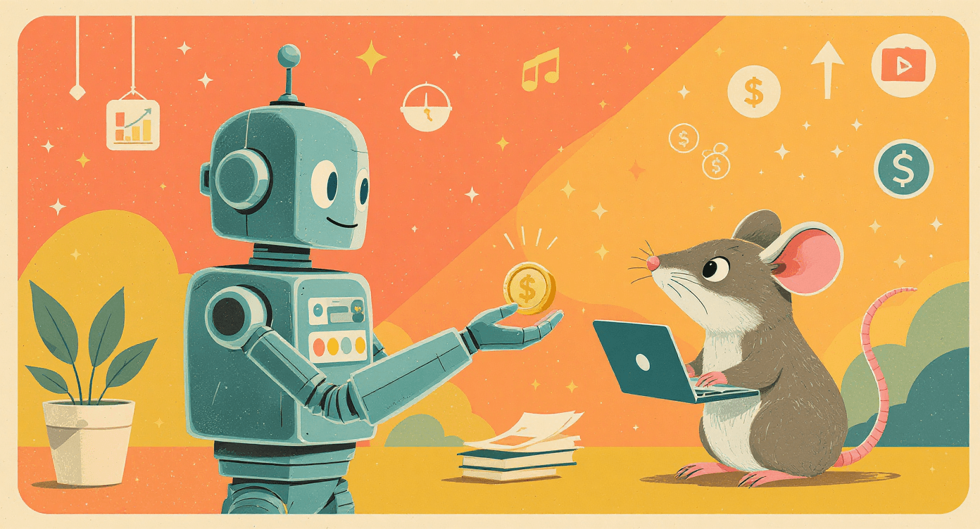 Cartoon robot helping a small business owner save money through efficient automation, representing AI as an affordable investment.