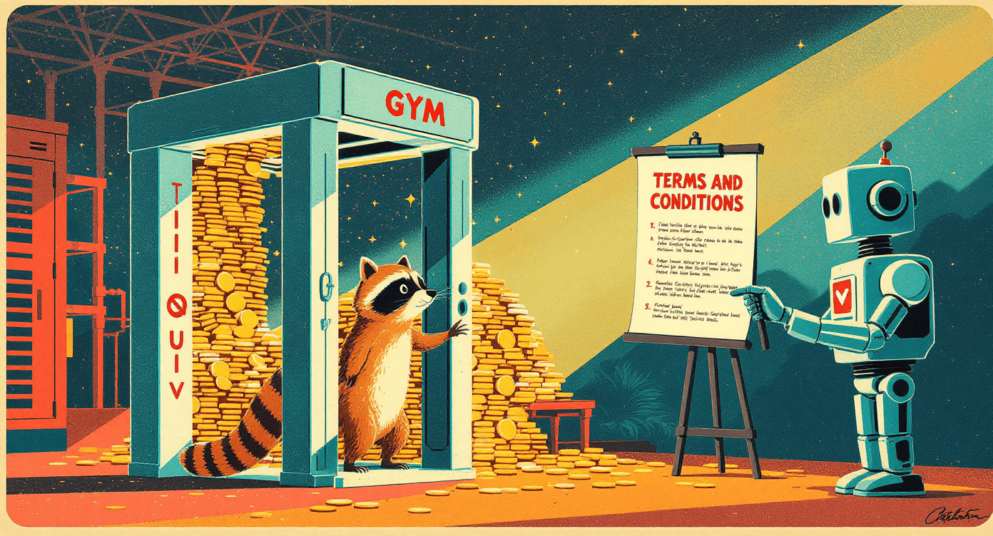 Cartoon raccoon unable to leave gym without paying excessive fees, representing misleading “no commitment” memberships.
