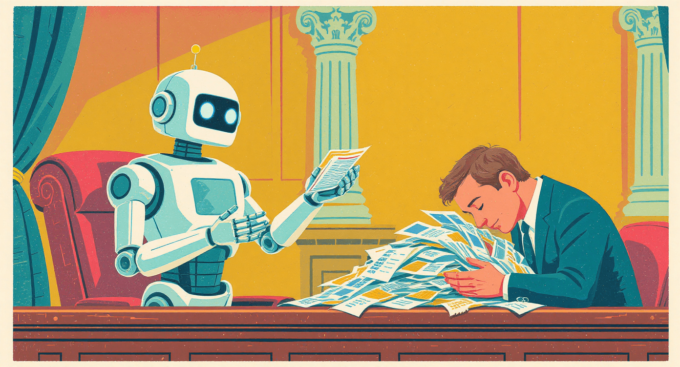 Cartoon robot organising evidence for a consumer dispute while human struggles, symbolising simplified legal help.