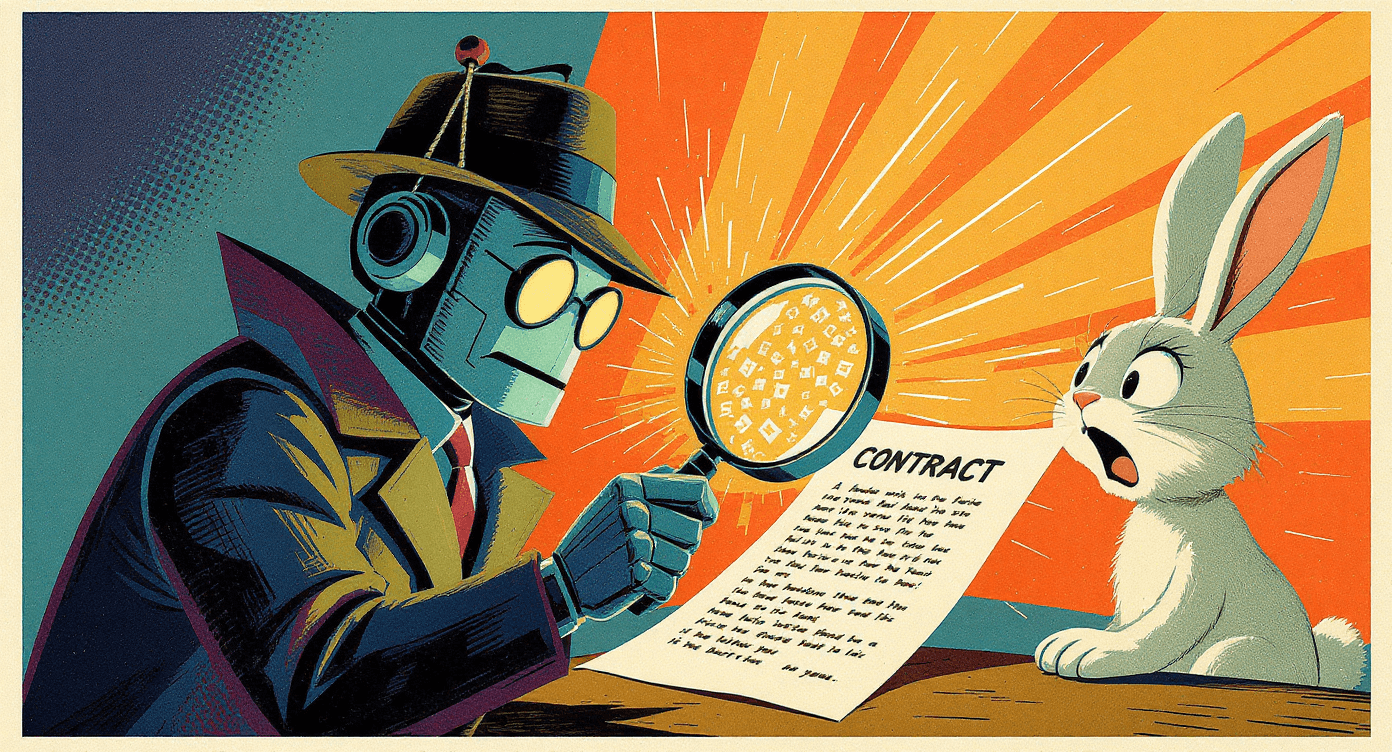 Cartoon robot detecting unfair contract terms hidden in fine print.
