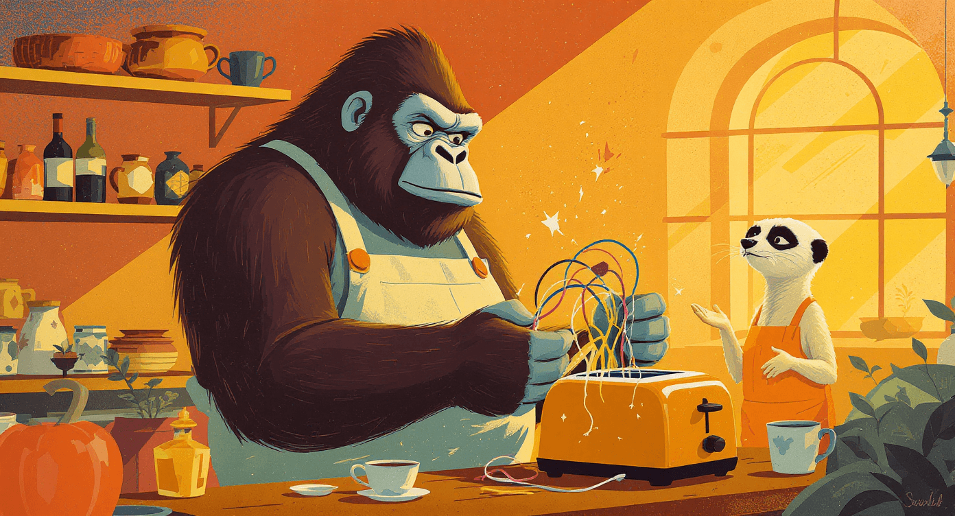 Cartoon meerkat reminding a customer of their refund rights while a retailer pretends not to know them.