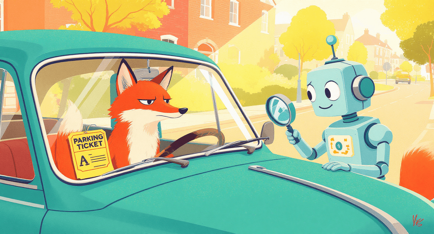 Parking ticket placed on a car windscreen being inspected by a friendly robot, symbolising unfair private parking charges.