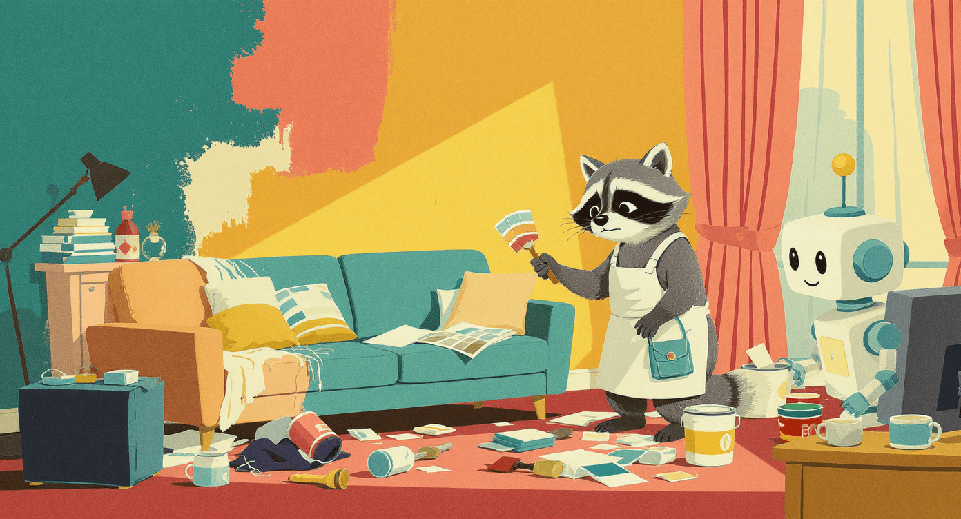 Homeowner surveying a half-painted room while an AI robot evaluates the incomplete decorating job.