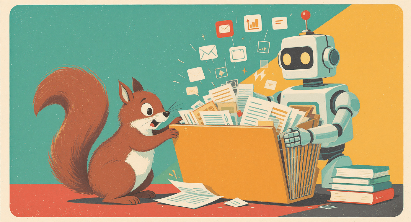 Squirrel gathering documents into an organised evidence folder with help from an AI robot.