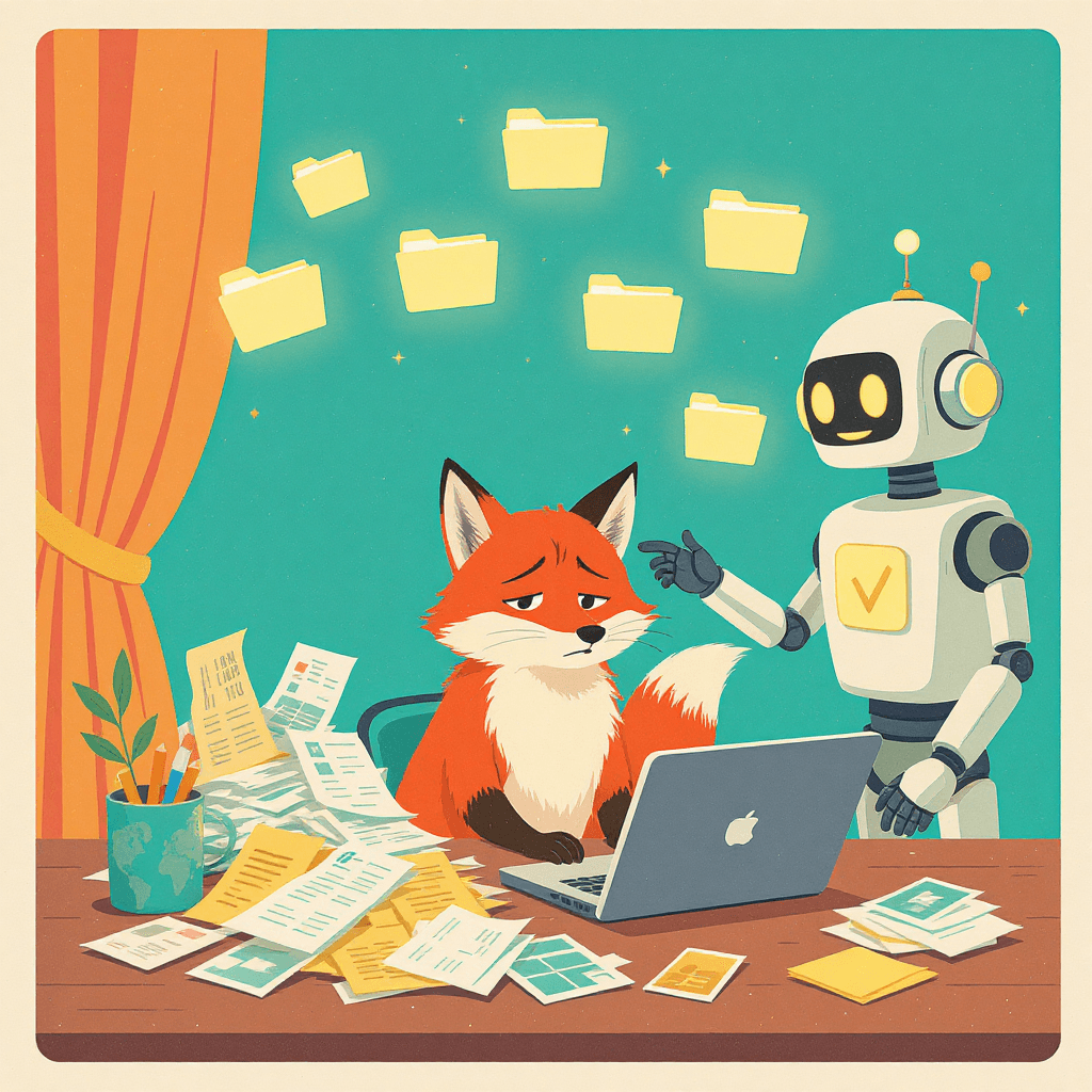 Fox with messy evidence being helped by a robot organising everything simply, representing the easy beginner method.