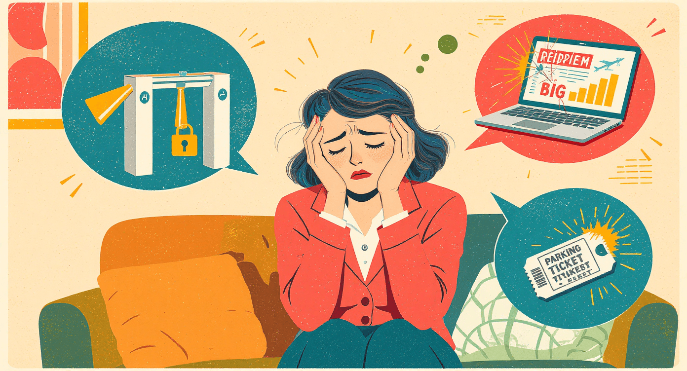 Stressed woman surrounded by symbolic bubbles for gym contract, flight delay, faulty laptop, and parking ticket while an AI robot organises solutions.