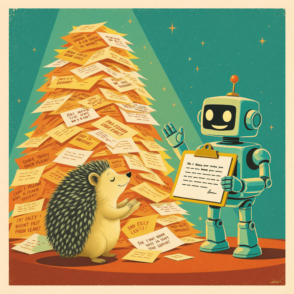 Robot presenting a polished complaint letter while the hedgehog stands beside a pile of discarded angry drafts.