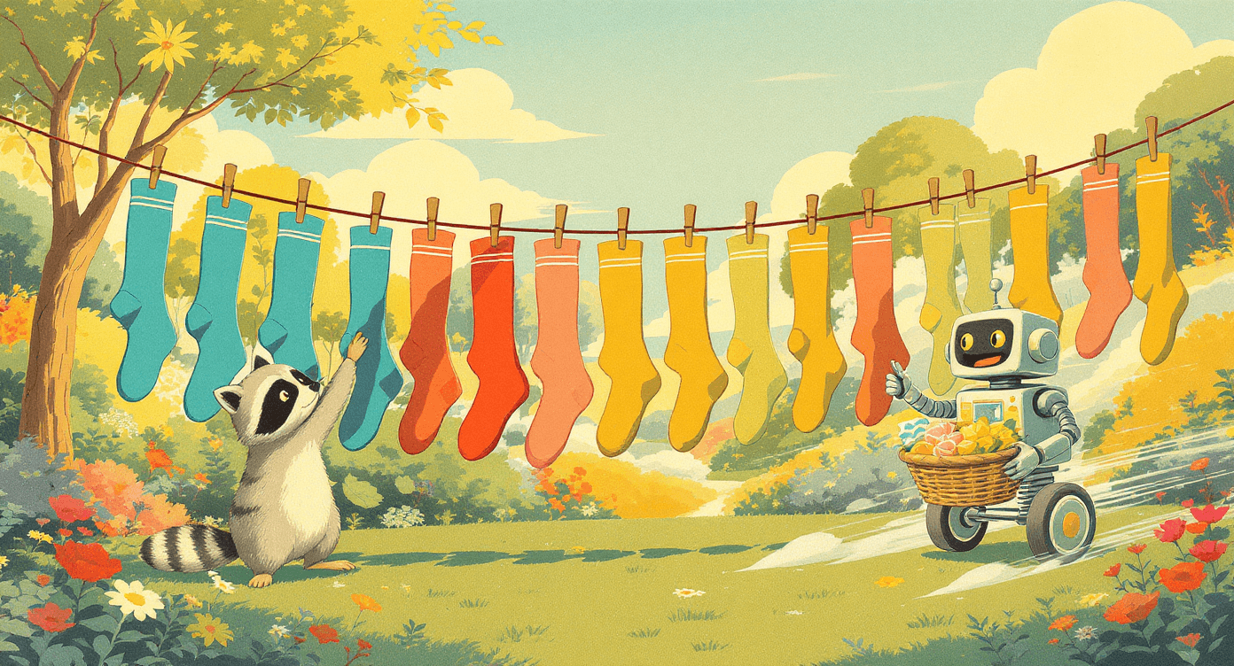 Raccoon stuck doing repetitive chores while a robot helps speed things up.