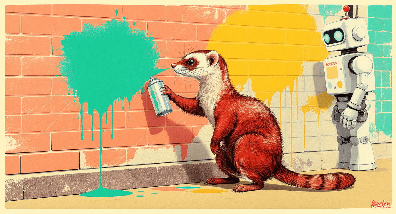 Ferret spray-painting a wall while a robot spots the activity from around the corner.