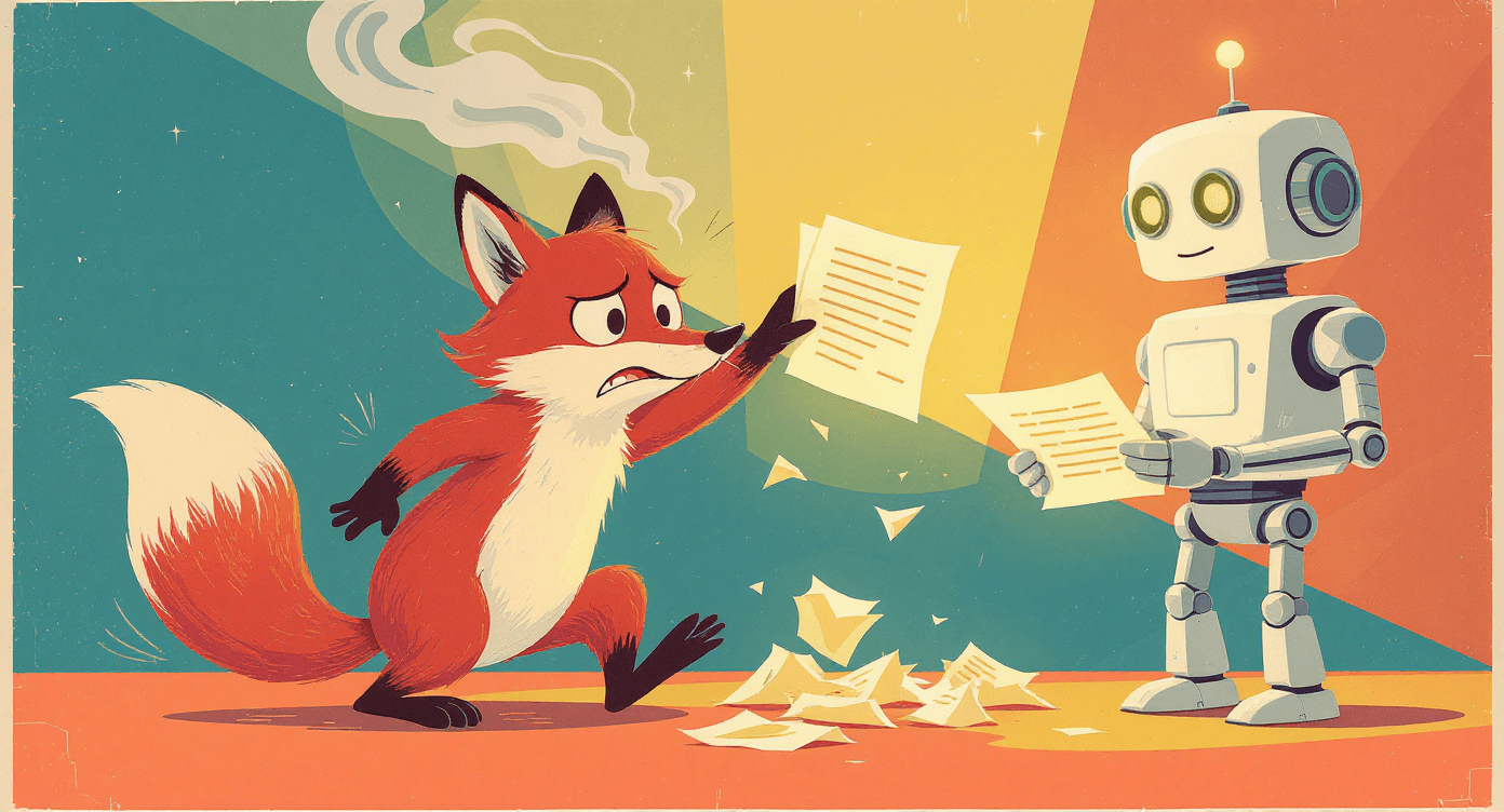 Fox angrily waving a messy complaint while a robot offers a calm, structured alternative.