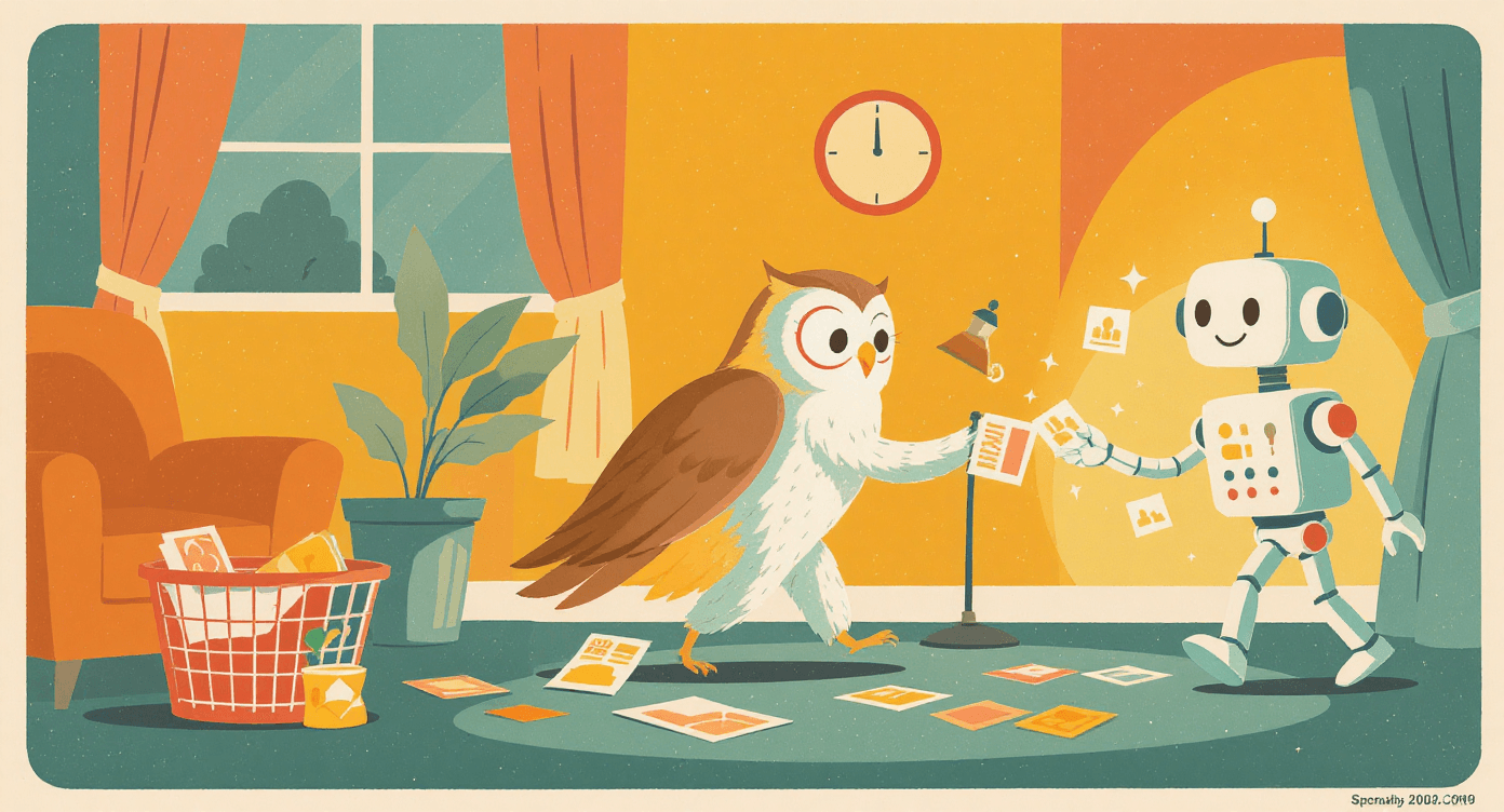 Owl gathering photos and receipts while a robot organises them into a folder.