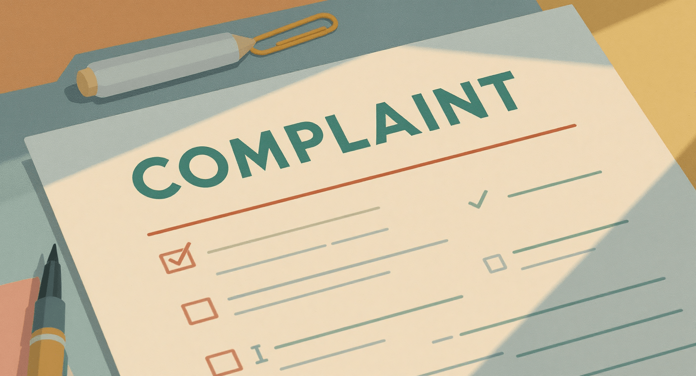 Close-up of a neatly designed complaint document on a clean surface.