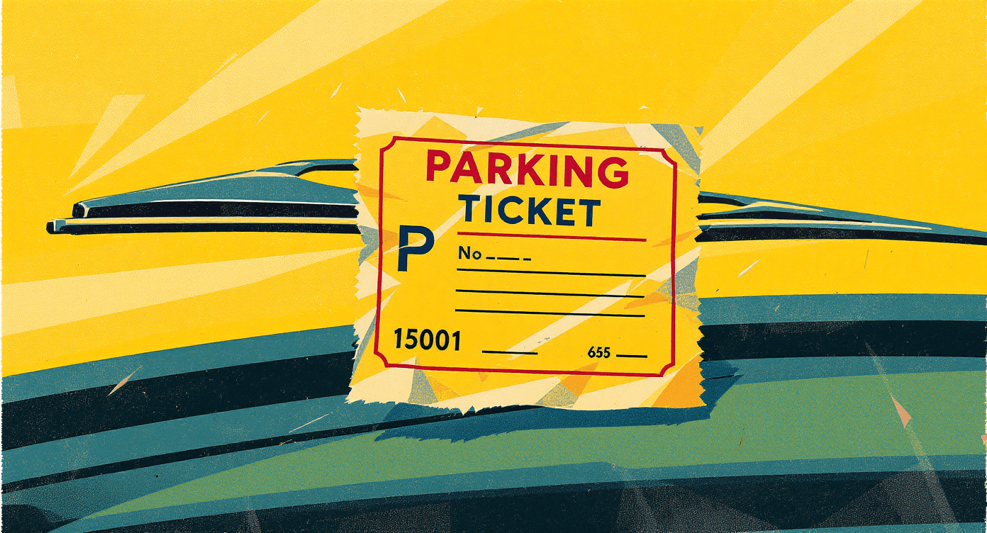 Close-up of a cartoon-style parking ticket tucked under a car windscreen wiper.
