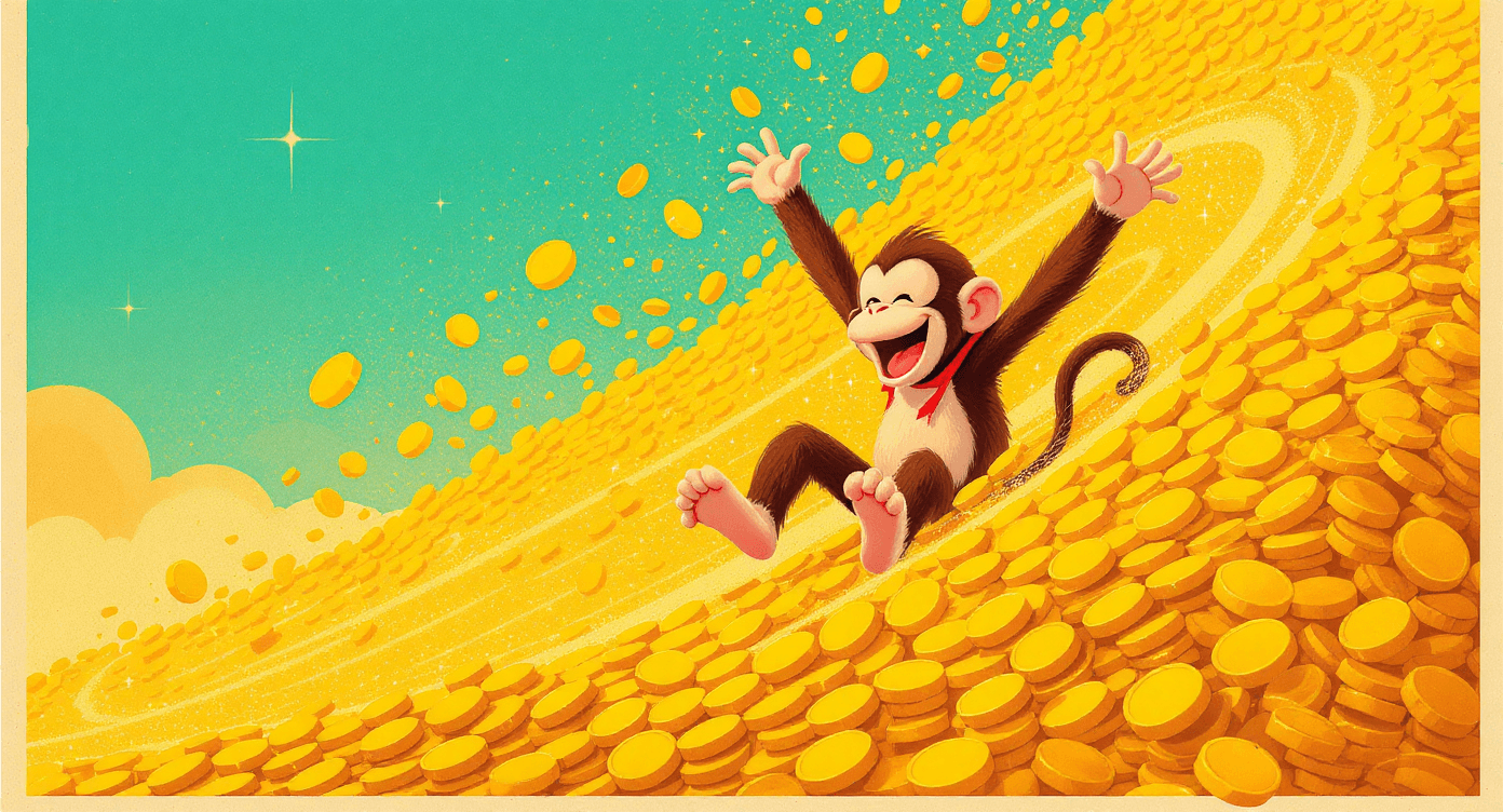 Animal sliding down a large pile of coins in a playful cartoon scene.
