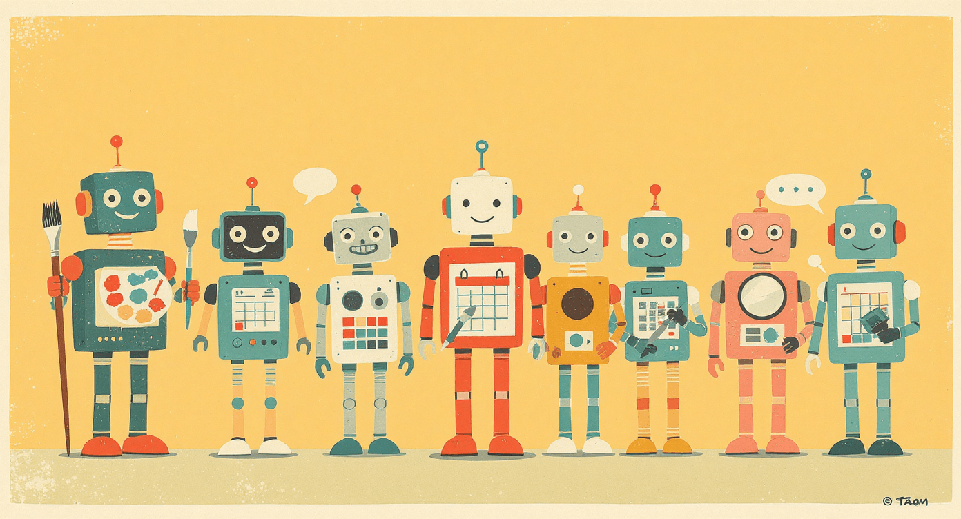 Seven small robots representing different beginner AI tools.