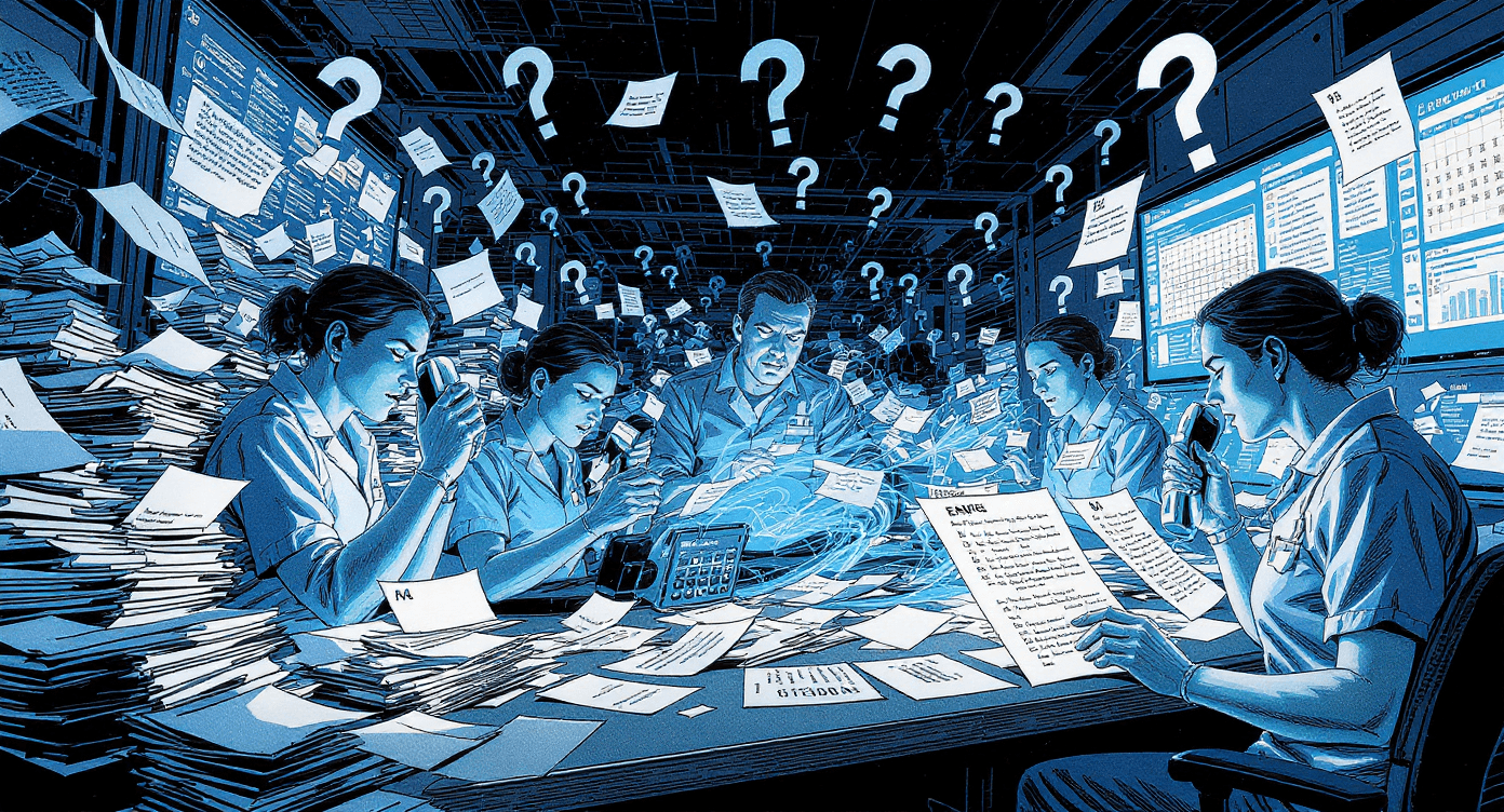 Healthcare professionals facing common daily challenges including documentation, scheduling, diagnostics, patient questions, and administrative overload