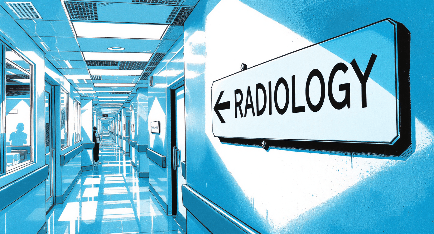 RADIOLOGY DEPARTMENT" sign above double doors in bustling hospital ward, medical staff walking past blurred in motion, patients in waiting area visible through glass, typical NHS hospital interior, fluorescent lighting, professional clinical environment, depth of field focused on signage.
