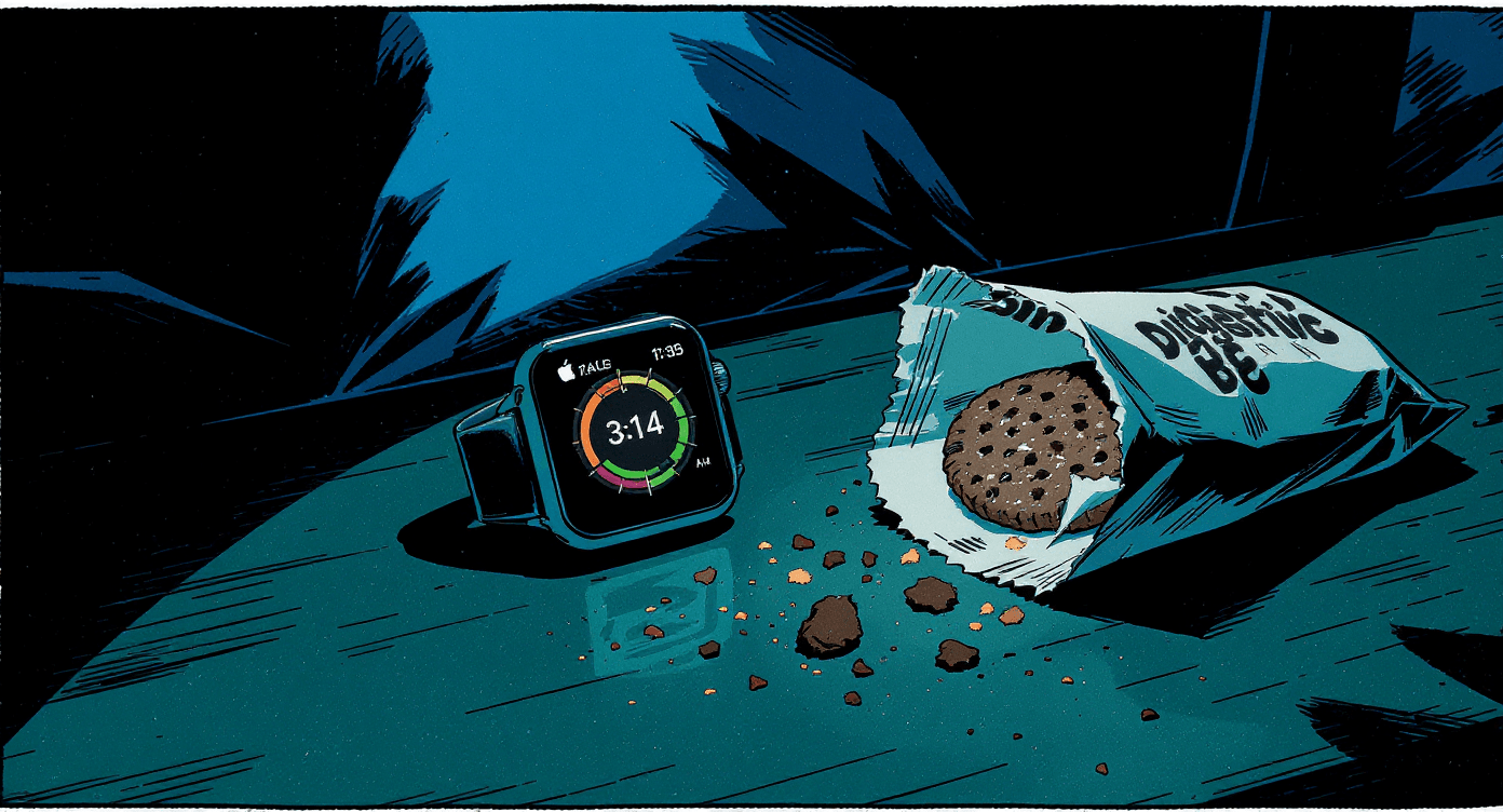 Smartwatch health monitoring device next to late-night biscuits showing continuous patient health tracking during daily activities