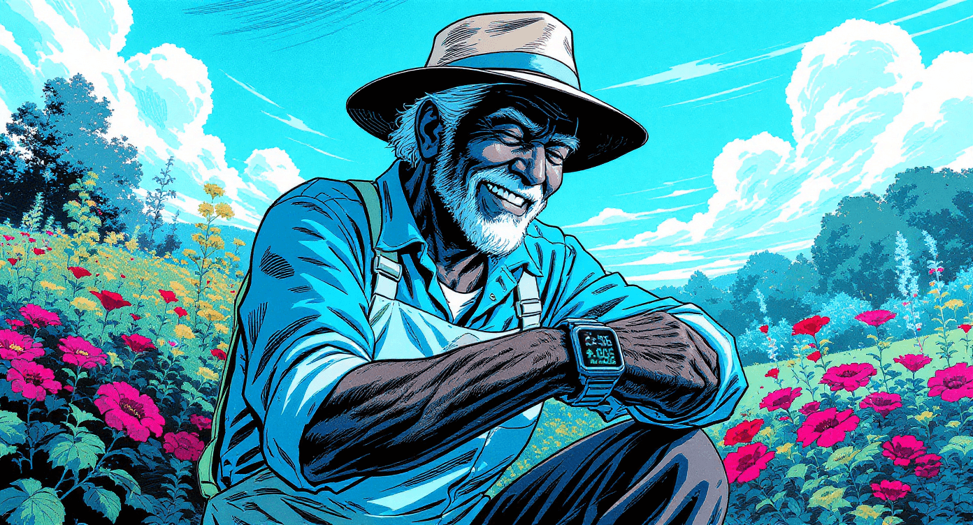 Active elderly person using wearable health monitoring during daily activities for chronic condition management and wellness tracking