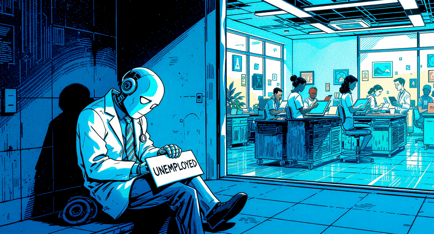 Humorous illustration debunking AI replacing doctors myth showing healthcare professionals successfully working alongside technology