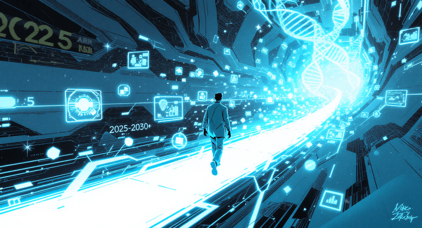 Future of healthcare showing AI-accelerated medical treatments and personalized medicine development timeline over next five years