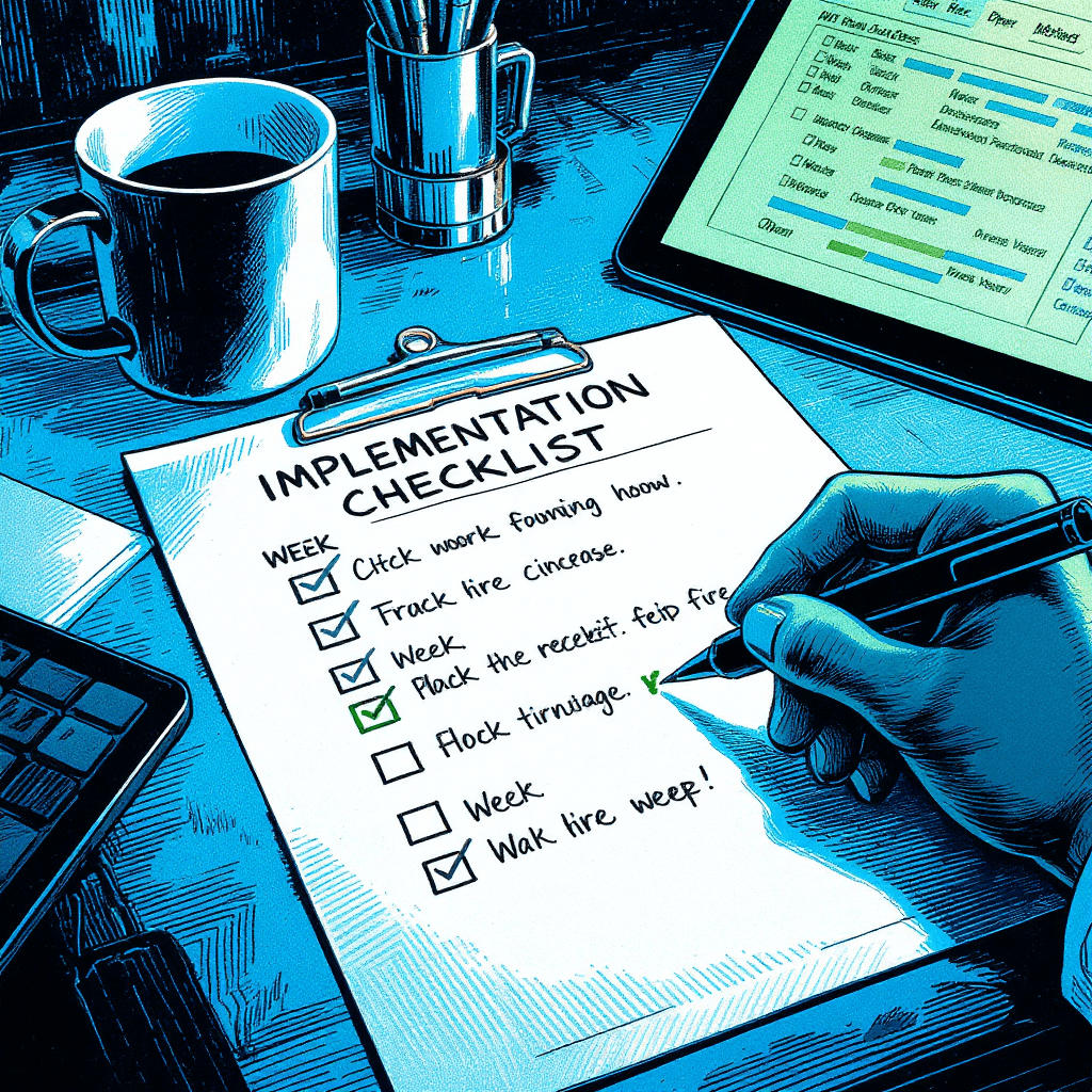 AI implementation checklist showing three-week healthcare adoption plan with progressive task completion and success milestones