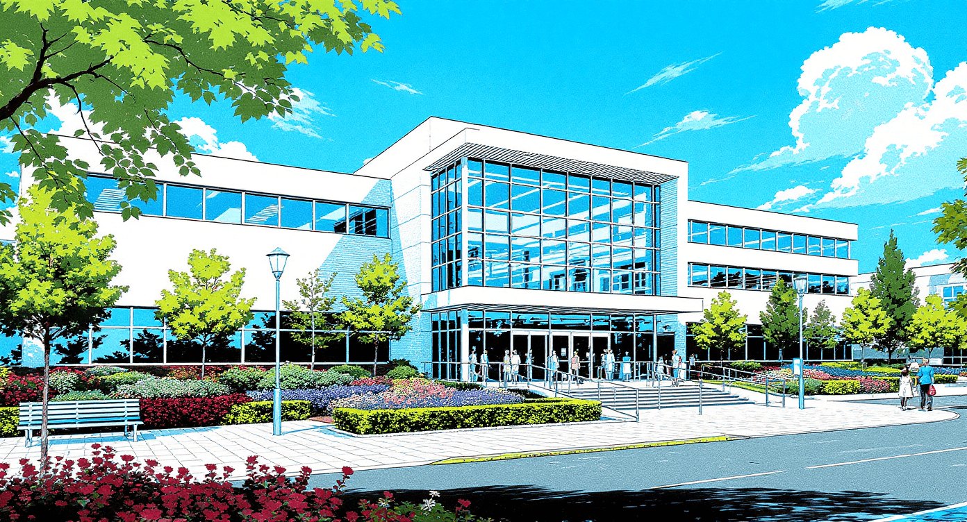 Modern UK hospital exterior showing contemporary healthcare facility with welcoming environment for patients and medical staff