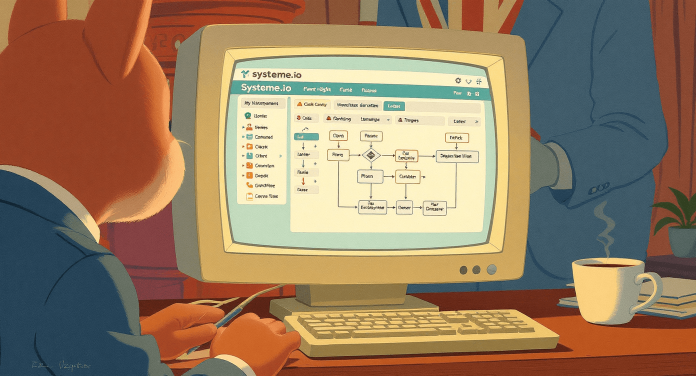 Systeme.io automation platform dashboard showing email marketing and workflow management interface