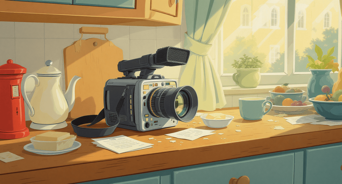 Home video camera on kitchen counter representing DIY video content creation challenges for small business owners