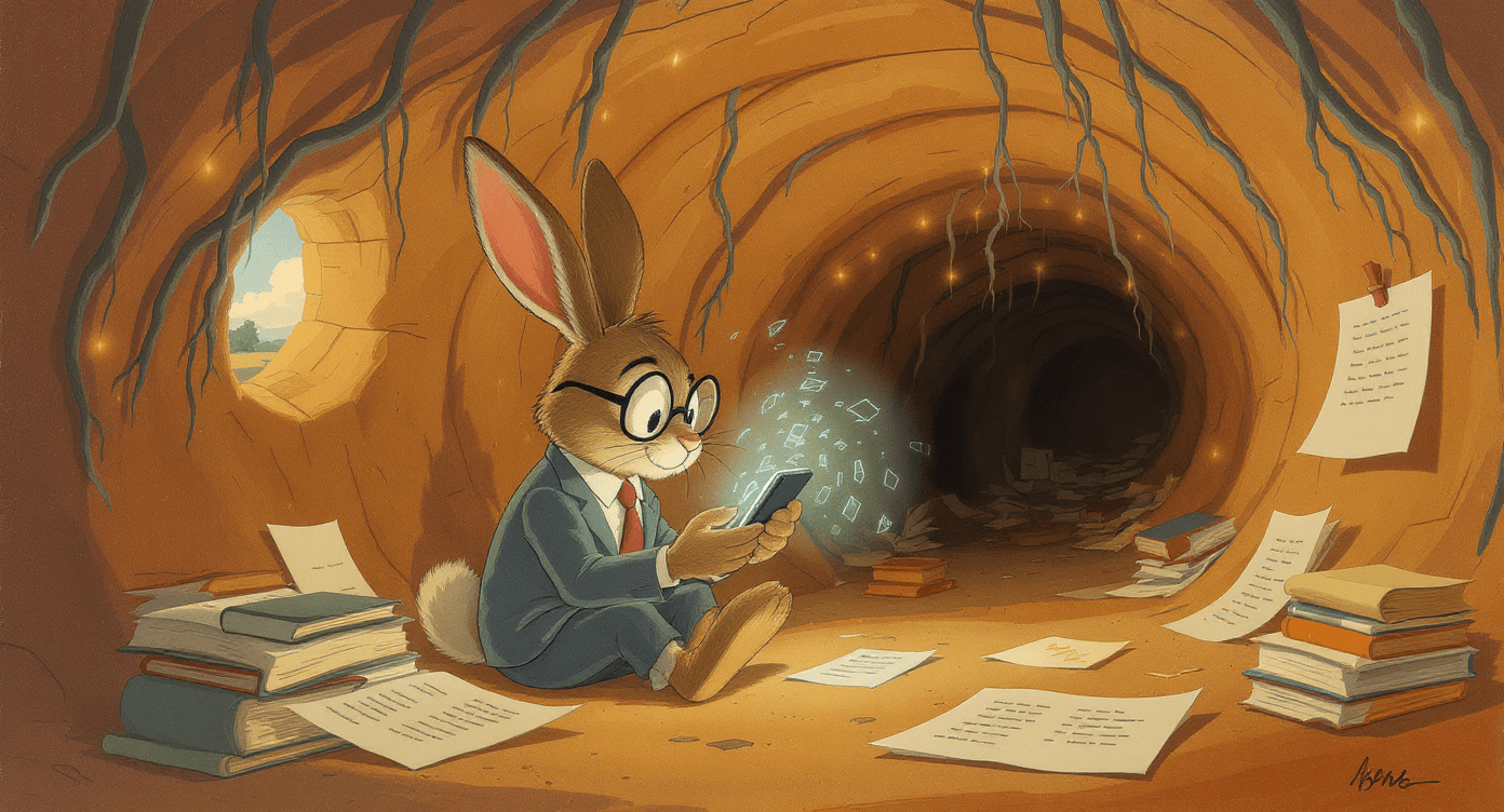 Business owner lost in research rabbit hole with multiple browser tabs before discovering AI research assistant tools