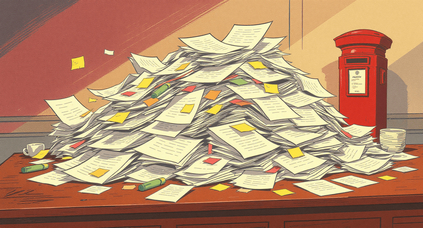 Overwhelming pile of business research documents and papers before implementing AI research automation tools