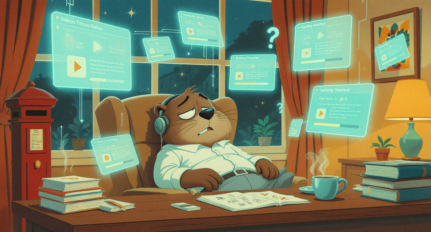 Small business owner overwhelmed by AI tool tutorials and learning curve during initial software implementation phase