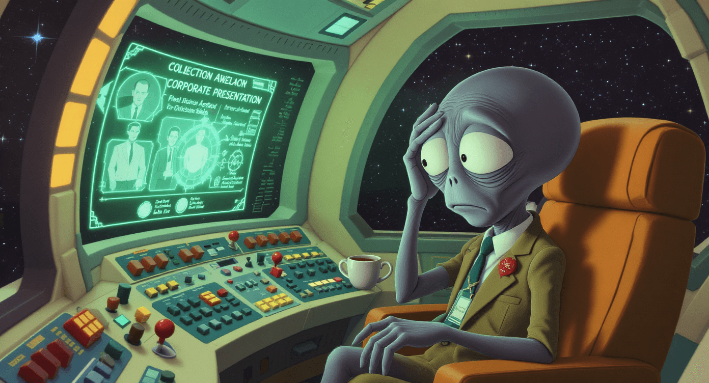 Confused alien representing business owners struggling to understand corporate AI marketing language and technical jargon