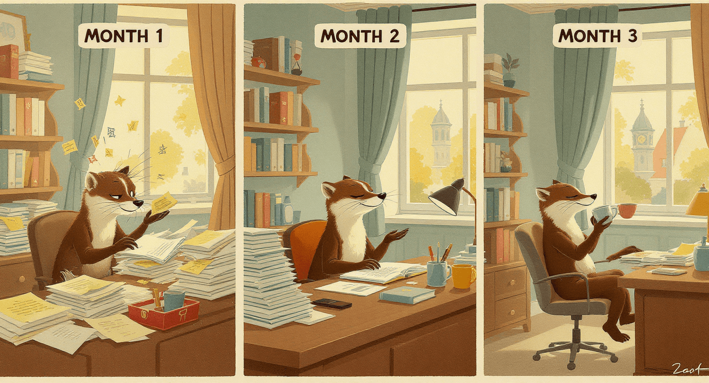 Three month AI tool implementation timeline showing business owner's transformation from chaos to organised efficient workflow