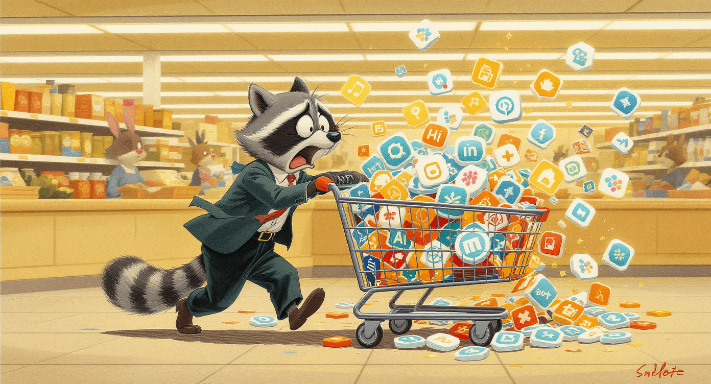 Business owner experiencing AI tool overwhelm from trying to implement too many automation platforms simultaneously