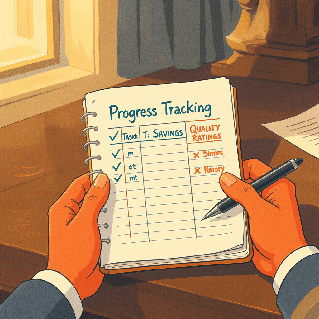 Business owner tracking AI tool implementation progress and time savings in simple notebook spreadsheet