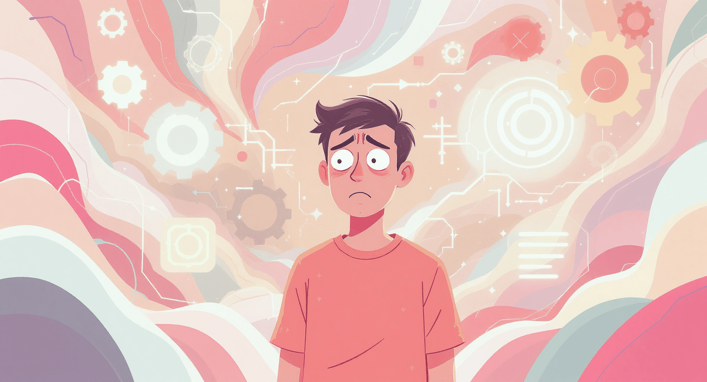 Human overwhelmed by chaotic AI symbols, showing confusion about what AI actually is.