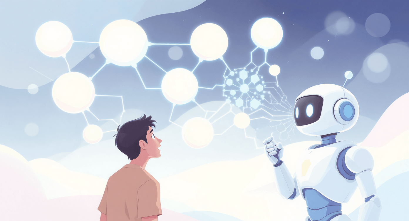 Robot connecting idea bubbles to show how AI links patterns humans might miss.