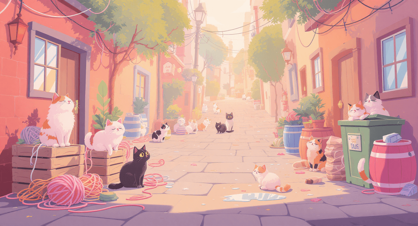 “Many friendly cats navigating an alley together, representing how AI collaboration can help small businesses handle multiple tasks efficiently