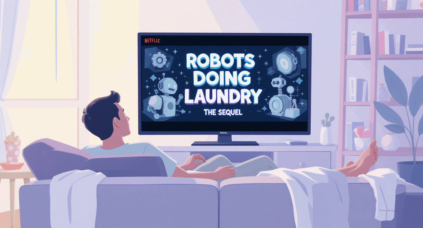Person relaxing at home watching Netflix with a funny AI-themed title on TV, illustrating AI collaboration in a humorous and relatable way